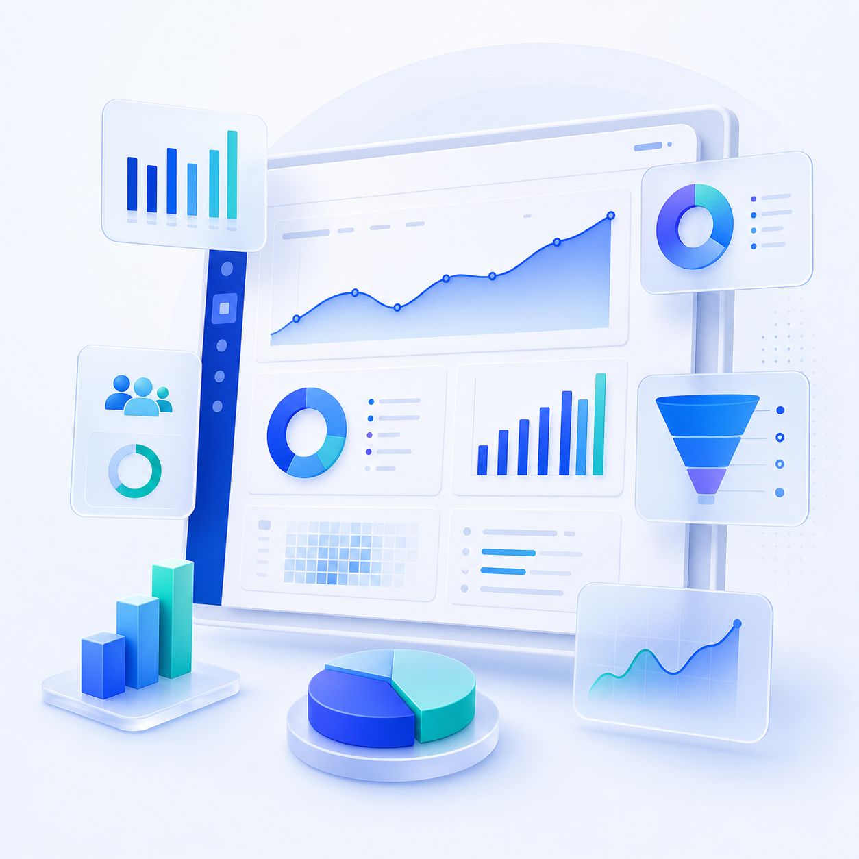 Illustration of an analytics dashboard with performance cards and participation charts