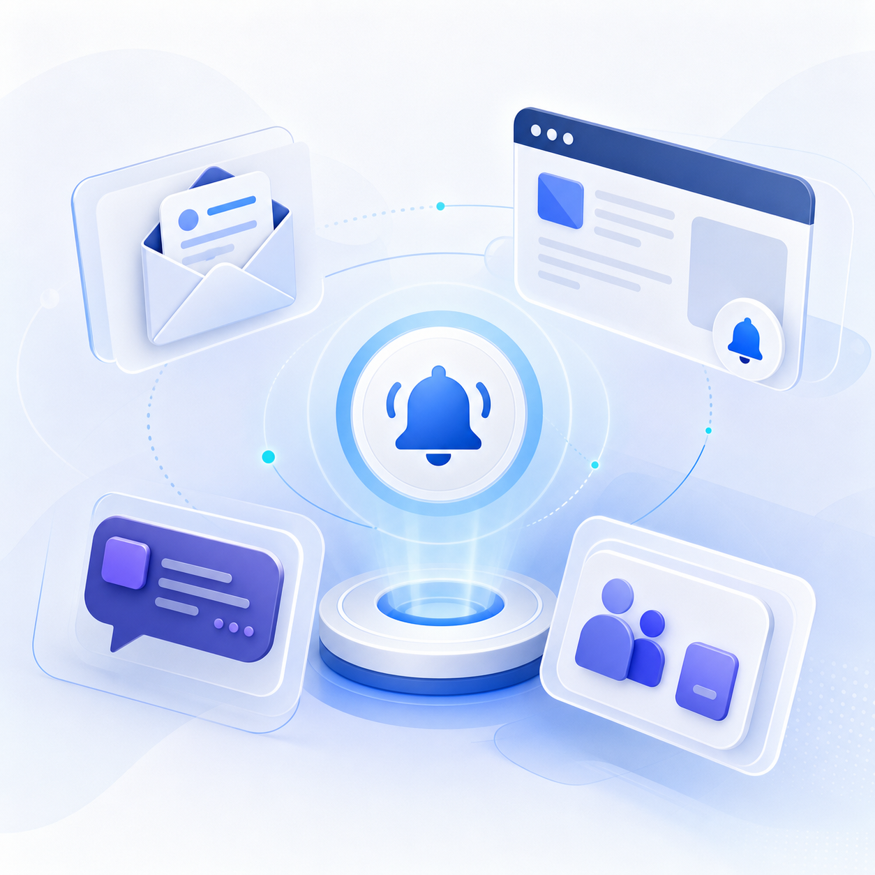 Illustration of one alert flowing into email, browser push, Slack, and Teams channels
