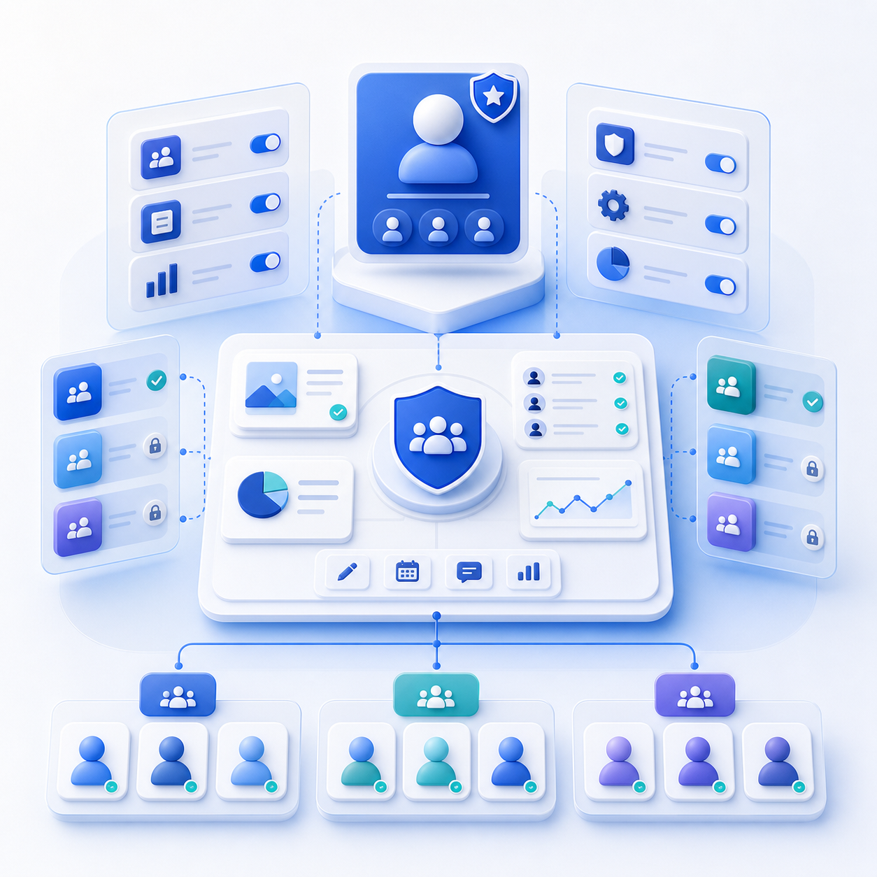 Illustration of a structured team workspace with layered permissions and admin controls
